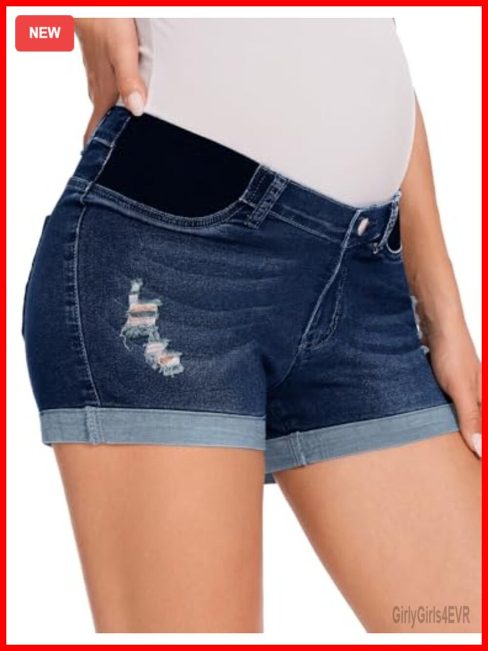 Maternity Denim Shorts Under Belly Elastic Panel Ripped Jean Shorts